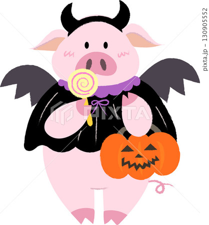 ハロウィン　お菓子を食べる仮装したブタ 130905552