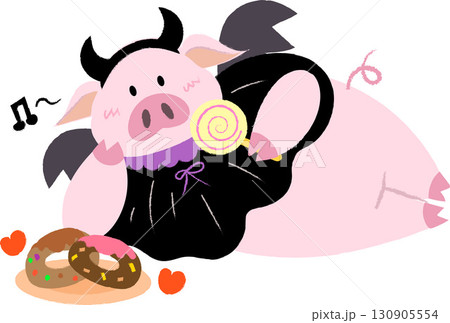 ハロウィン　寝転んでお菓子を食べる仮装したブタ 130905554