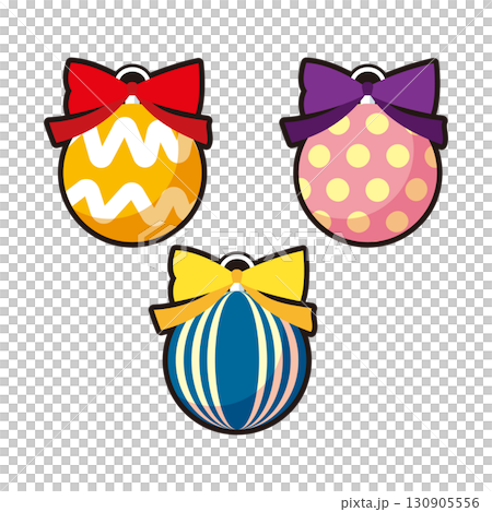 Three ornamental balls with ribbons of different patterns 130905556