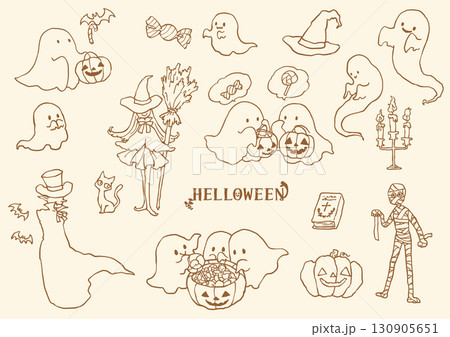 手描きのハロウィンセピアセット 130905651