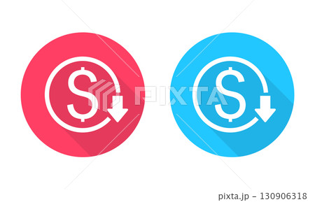 Dollar Down Symbol Round Icons Displaying in Red and Blue with Long Shadow. Decreasing Dollar Value. 130906318