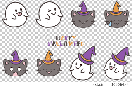 Cute ghost and black cat Halloween illustration set 130906489