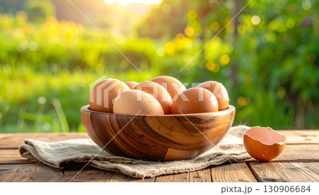 Farm-fresh organic brown and white eggs in a wicker basket on a wooden table, a healthy breakfast ingredient 130906684