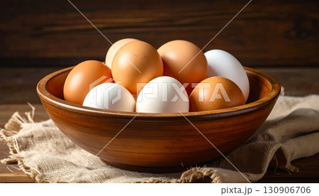 Organic raw brown and white chicken eggs in a bowl Organic raw brown and white chicken eggs in a bowl 130906706