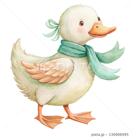 playful white duck wearing oval Watercolor white background  130906995