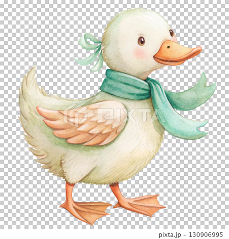 playful white duck wearing oval Watercolor white background  130906995