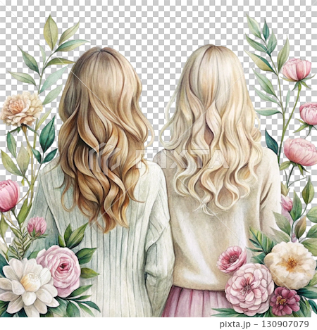 Two girls sitting close together from the back, both wearing pastel sweaters clipart watercolor Two girls sitting close together from the back, both wearing pastel sweaters clipart watercolor 130907079