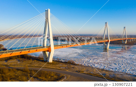 Flight over cable-stayed bridge over the Oka River Flight over cable-stayed bridge over the Oka River 130907221