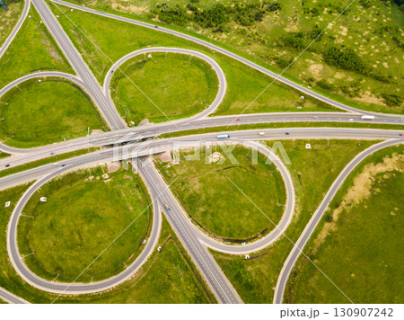 Panoramic aerial view of road junction in Russia from drone 130907242