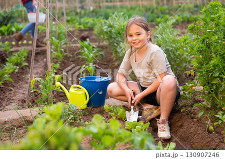 Girl cultivates the beds from the weeds with a chopper Girl cultivates the beds from the weeds with a chopper 130907246