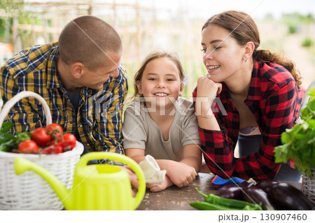 Couple of gardeners with child posing with harvest of vegetables 130907460