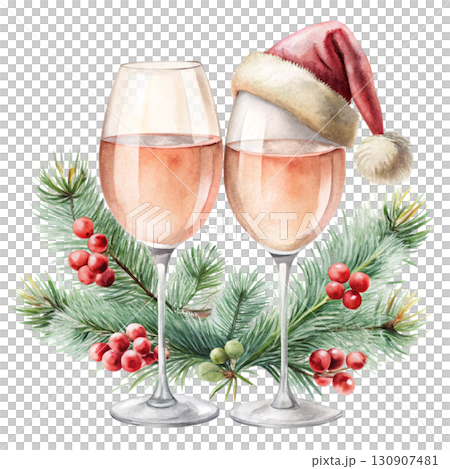 Two pastel wine glasses with light pink wine, one glass wearing a soft pastel Santa hat  clipart watercolor 130907481
