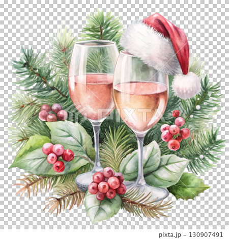 Two pastel wine glasses with light pink wine, one glass wearing a soft pastel Santa hat  clipart watercolor 130907491