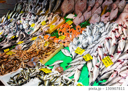 Fresh fish at seafood market in Istanbul. On the price tags names of fish in turkish 130907811