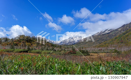 青空バックに見る雪に覆われた白馬岳の情景 130907947