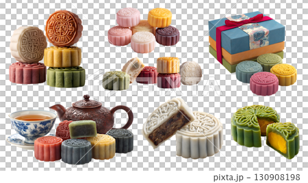 Set of snowskin snow skin snowy colourful mooncake, Chinese Mid-Autumn Festival pastry, filling, oriental tea set gift box, stack broken bitten slice half on transparent cutout PNG. Mockup for design 130908198