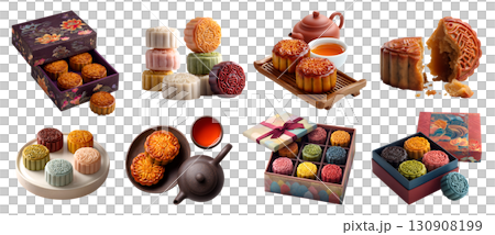 Set of mooncake, traditional and snowskin snow skin colourful Chinese Mid-Autumn Festival pastry, oriental tea set gift box platter, stack broken slice half on transparent cutout PNG. Mockup design Set of mooncake, traditional and snowskin snow skin colourful Chinese Mid-Autumn Festival pastry, oriental tea set gift box platter, stack broken slice half on transparent cutout PNG. Mockup design 130908199
