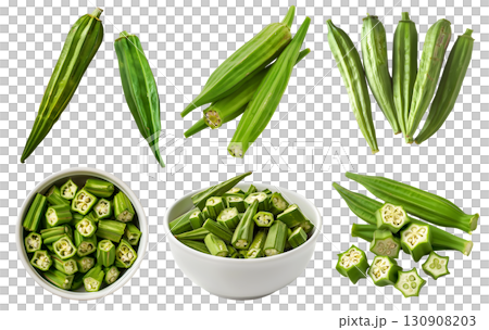Okra, gumbo lady's fingers, ladyfinger, bhindi vegetable fruit, many angles and view front pile slice chopped isolated on transparent cutout, PNG file. Mockup template for artwork 130908203