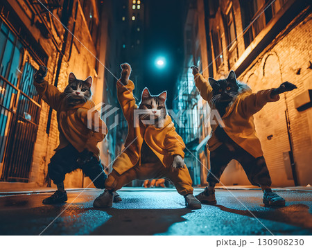 夜の裏通りでダンスのポーズをとる3匹の猫	 130908230