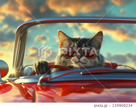 クラシックなオープンカーを運転するサングラスをかけた猫 130908234