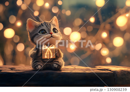 夜のイルミネーションを背景に大きなプレゼントを抱えてじっと見つめるかわいい子猫 130908239