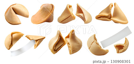 Fortune cookie cookies biscuit wafer pastry dessert on transparent cutout, PNG file. Many assorted different angles, broken, cracked, empty blank note, break. Mockup template for artwork 130908301