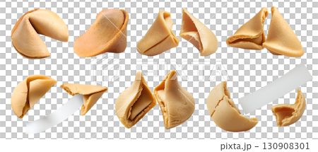 Fortune cookie cookies biscuit wafer pastry dessert on transparent cutout, PNG file. Many assorted different angles, broken, cracked, empty blank note, break. Mockup template for artwork 130908301