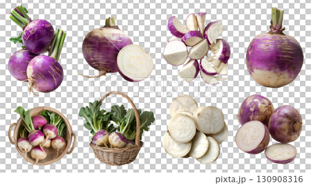 Turnip turnips root vegetable, many angles and view side top front basket pile slice isolated on transparent background cutout, PNG file. Mockup template for artwork graphic 130908316