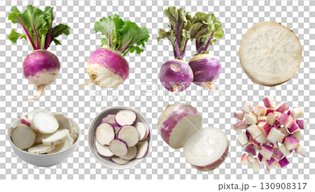 Turnip turnips root vegetable, many angles and view side top front basket pile slice isolated on transparent background cutout, PNG file. Mockup template for artwork 130908317