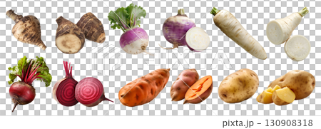Collection of 6 set of vegetable root, Taro eddo dasheen, Turnip, Daikon white chinese radish, Beet beetroot, sweet potato on transparent background cutout PNG file. Mockup template for artwork 130908318
