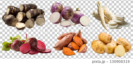 Collection of 6 vegetable root in pile group slice, Taro dasheen, Turnip, Daikon white radish, Beet beetroot, sweet potato on transparent background cutout PNG. Mockup template for artwork 130908319