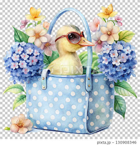 Watercolor illustration of a blue polka dot gift bag filled with pastel blue flowers 130908346