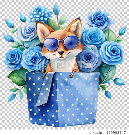 Watercolor illustration of a blue polka dot gift bag filled with pastel blue flowers 130908347