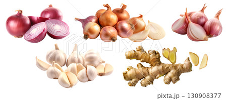 Collection of vegetable aromatics flavouring herb in pile group slice cluster, red purple yellow onion, ginger, garlic, shallot on transparent background cutout, PNG file. Mockup template for artwork 130908377