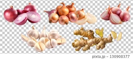 Collection of vegetable aromatics flavouring herb in pile group slice cluster, red purple yellow onion, ginger, garlic, shallot on transparent background cutout, PNG file. Mockup template for artwork 130908377