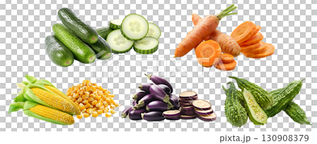 Collection of 5 vegetable fruit root stem in pile group, Bitter melon gourd, corn, cucumber, carrot, Eggplant aubergine brinjal baigan on transparent cutout PNG. Mockup template for artwork 130908379