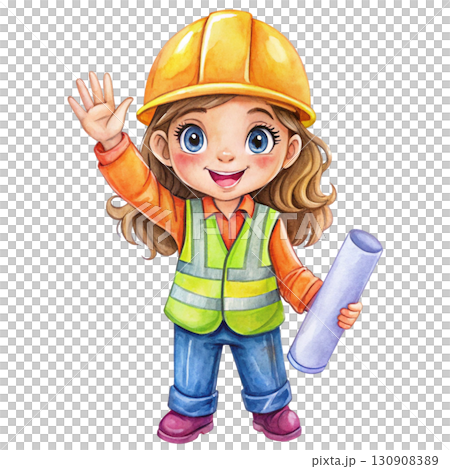 Watercolor illustration of a cute female engineer clipart  130908389