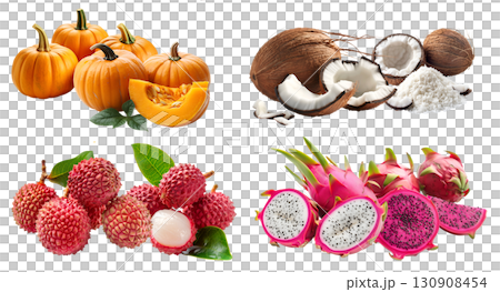 Collection of 4 vegetable fruit exotic seasonal in pile group set, Pumpkin, coconut, Lychee litchi lichee, Dragon fruit pitaya pitahaya on transparent cutout PNG. Mockup template Collection of 4 vegetable fruit exotic seasonal in pile group set, Pumpkin, coconut, Lychee litchi lichee, Dragon fruit pitaya pitahaya on transparent cutout PNG. Mockup template 130908454