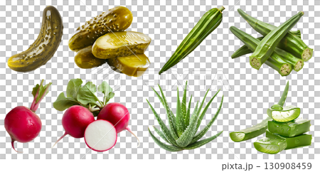 Collection of 4 vegetable fruit, Okra gumbo, ladyfinger bhindi, Pickles gherkin Preserved Marinated cucumbers, Red radish radishes, Aloe vera on transparent PNG. Mockup template for artwork 130908459