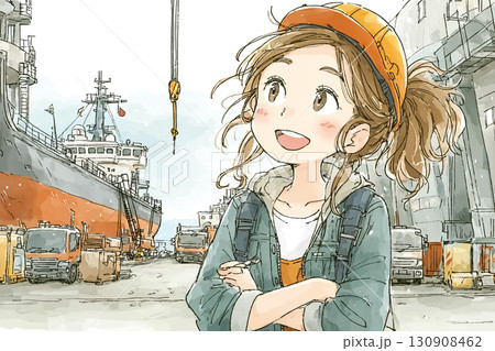 美優シリーズ:港で貨物の積み込み状況をチェックしている 美優シリーズ:港で貨物の積み込み状況をチェックしている 130908462