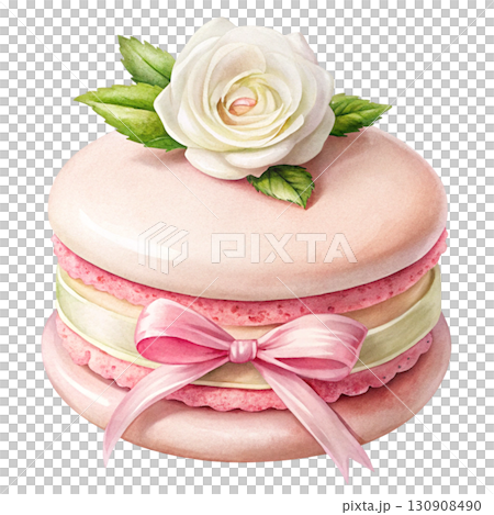 Watercolor illustration of a pastel purple macaron with ribbon bow white background 130908490