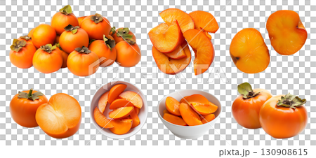 Persimmon Persimmons tropical fruit, many angles and view side top front heap pile bunch bowl slice isolated on transparent background cutout, PNG file. Mockup template for artwork 130908615
