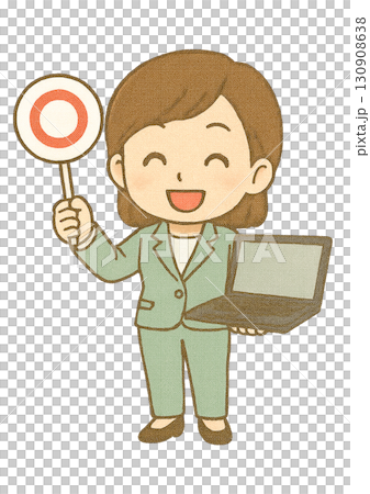 A smiling female engineer in a pantsuit holding a red circle sign and a laptop 130908638