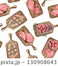 seamless pattern with realistic tuna steaks, fillets, slices 130908643