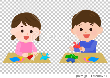 微笑的男孩和女孩折疊摺紙插圖 130908734