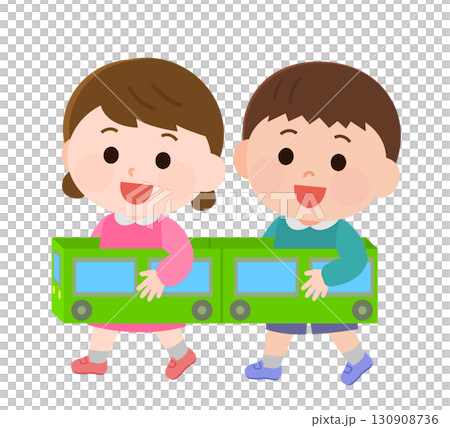 Boy and girl playing cardboard train illustration 130908736