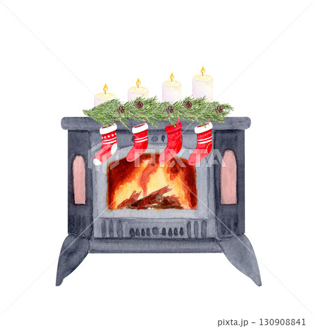 Stove with burning fire, with pine branches, candles, red stockings. Watercolor isolated on white ideal for Christmas cards, posters, invitations, scrapbooking, cozy holiday design. Festive fireplace. 130908841