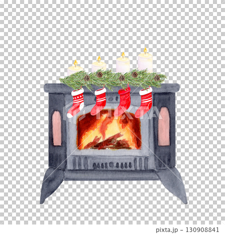 Stove with burning fire, with pine branches, candles, red stockings. Watercolor isolated on white ideal for Christmas cards, posters, invitations, scrapbooking, cozy holiday design. Festive fireplace. 130908841