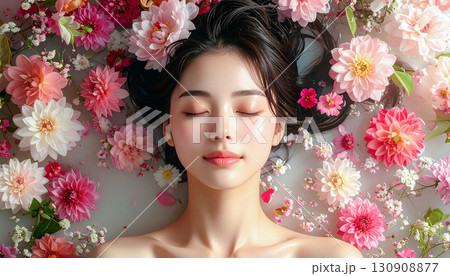 花に囲まれてくつろぐ若い女性 130908877