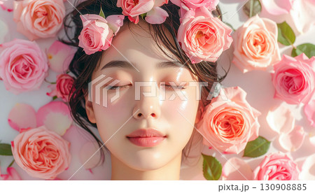 花に囲まれてくつろぐ若い女性 130908885